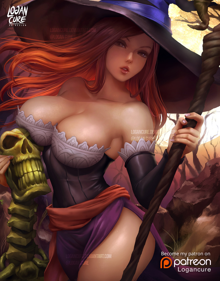 armpits artist_name backlighting bare_shoulders bare_tree black_dress black_hat breasts brown_eyes cleavage collarbone cowboy_shot detached_sleeves dragon's_crown dress fingernails hat head_tilt highres holding large_breasts lips logan_cure long_hair long_sleeves looking_at_viewer nail_polish orange_hair parted_lips patreon_logo pelvic_curtain purple_nails rock sash skeleton skull sorceress_(dragon's_crown) standing strapless strapless_dress teeth thighs tree watermark web_address witch_hat