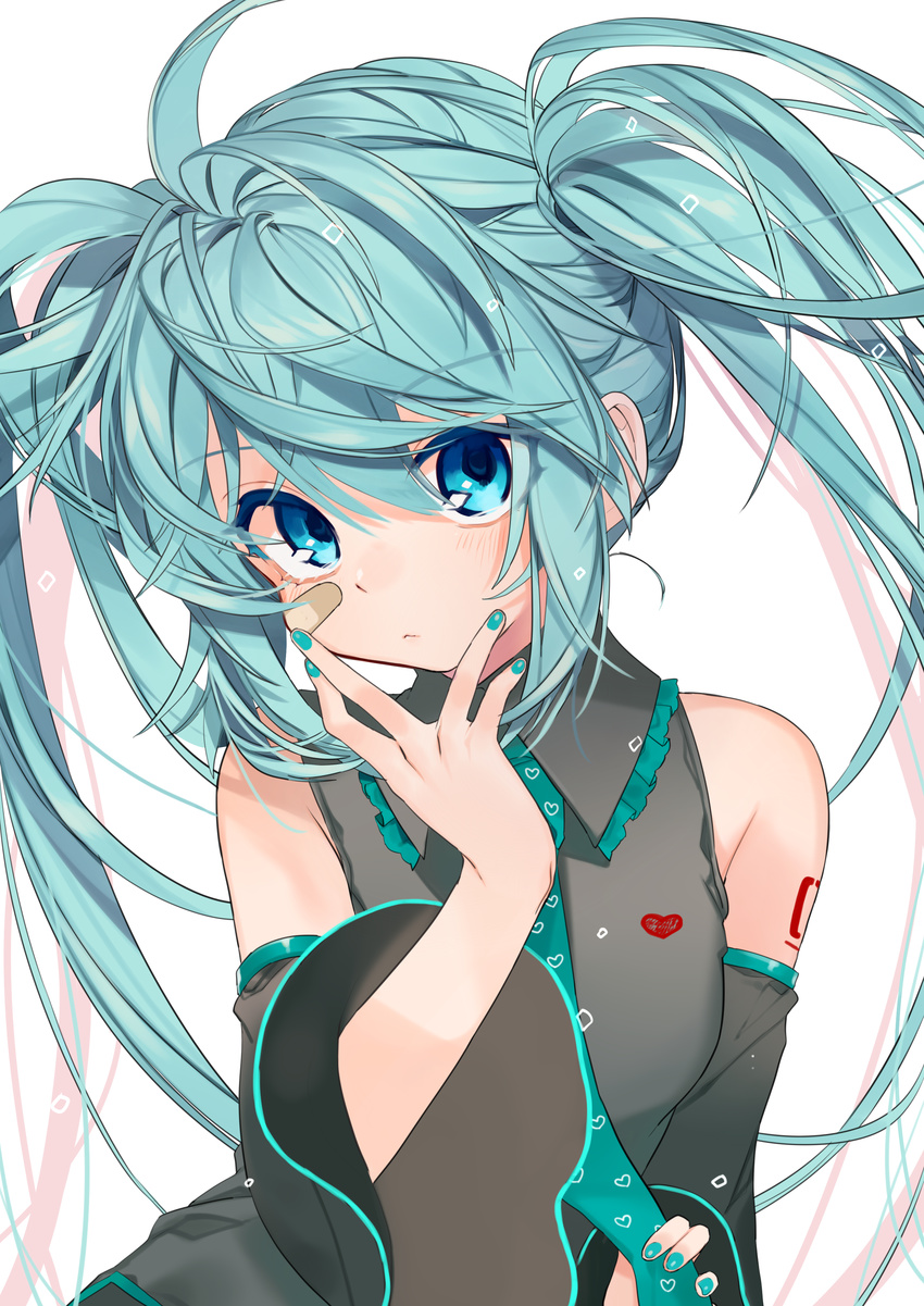 absurdres aqua_hair bandaid bandaid_on_face bare_shoulders blue_eyes blue_nails blue_neckwear commentary detached_sleeves gotoh510 hatsune_miku heart highres long_hair looking_at_viewer messy_hair nail_polish necktie shirt sleeveless sleeveless_shirt solo twintails upper_body vocaloid