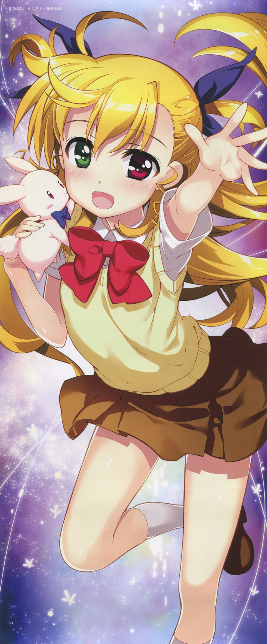 absurdres blonde_hair blush bow brown_footwear brown_skirt foreshortening fujima_takuya green_eyes hair_ribbon heterochromia highres huge_filesize light_particles long_hair looking_at_viewer lyrical_nanoha mahou_shoujo_lyrical_nanoha_vivid official_art open_mouth outstretched_arm red_eyes red_neckwear ribbon sacred_heart scan school_uniform shiny shiny_hair shiny_skin shirt shoes skirt smile solo st._hilde_academy_of_magic_uniform sweater two_side_up uniform vivio white_shirt yellow_sweater