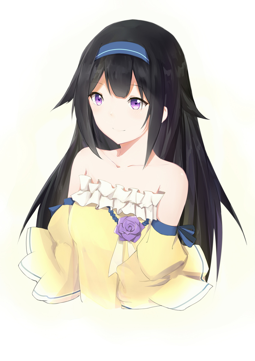 absurdres aiguillette alternate_costume armpit_crease bangs bare_shoulders black_hair blue_hairband blush breasts collarbone commentary_request detached_sleeves dress eyebrows_visible_through_hair eyes_visible_through_hair flower frilled_dress frills girls_frontline gumengyao hair_between_eyes hair_flaps hairband heart heart-shaped_pupils highres long_hair looking_away medium_breasts mole mole_under_eye purple_eyes purple_flower purple_rose ribbon rose sidelocks simple_background smile solo super_sass_(girls_frontline) symbol-shaped_pupils tareme upper_body white_background