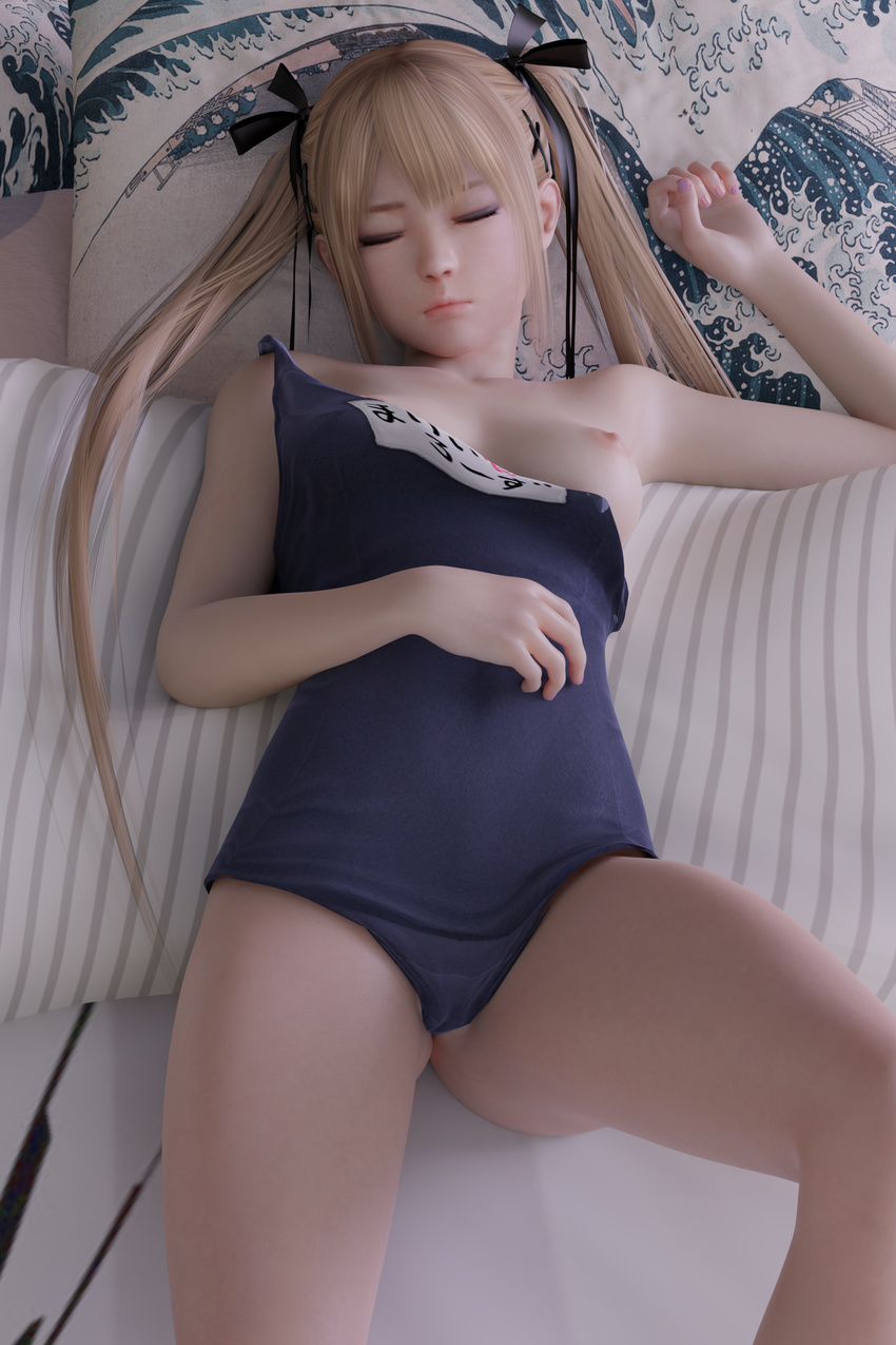 3d absurdres bed black_ribbon blender blonde_hair breasts commentary dead_or_alive dead_or_alive_5 dead_or_alive_xtreme flashing hair_ornament hair_ribbon highres kaiser_frey long_hair lying marie_rose nail_polish nipples one-piece_swimsuit ribbon school_swimsuit sleeping small_breasts solo swimsuit topless twintails x_hair_ornament