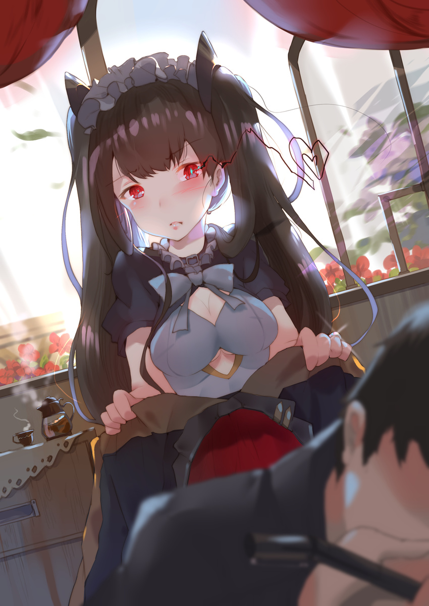 1girl absurdres alternate_costume bangs black_gloves black_hair black_skirt blush bow breasts buckle cleavage_cutout coffee collar commentary_request cup curtains drawer embarrassed enmaided eyebrows_visible_through_hair flower frilled_shirt frills girls_frontline gloves hair_over_shoulder half-closed_eyes head_on_table headgear heart highres holding holding_jacket indoors jacket jewelry leaf leaves_in_wind lightning long_hair looking_at_another looking_at_viewer maid medium_breasts military military_uniform ouroboros_(girls_frontline) red_eyes ring sangvis_ferri saucer shirt skirt sleeping solo_focus steam sunlight tablet teacup thighhighs tsurime twintails underboob_cutout uniform very_long_hair wedding_band wind window yueqin_(monnpiano)