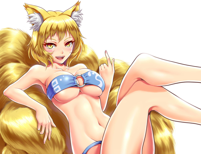 alvares animal_ears arm_rest armpits bad_id bad_pixiv_id bare_arms bare_legs bare_shoulders beckoning bikini blonde_hair blush breasts collarbone commentary_request crossed_legs eyelashes fangs fox_ears fox_tail graphite_(medium) hand_up highres index_finger_raised leaning_back legs_up lips mechanical_pencil medium_breasts multiple_tails navel o-ring o-ring_bikini o-ring_top open_mouth pencil simple_background sitting slit_pupils smile solo stomach strapless strapless_bikini swimsuit tail touhou traditional_media underboob upper_body white_background yakumo_ran yellow_eyes