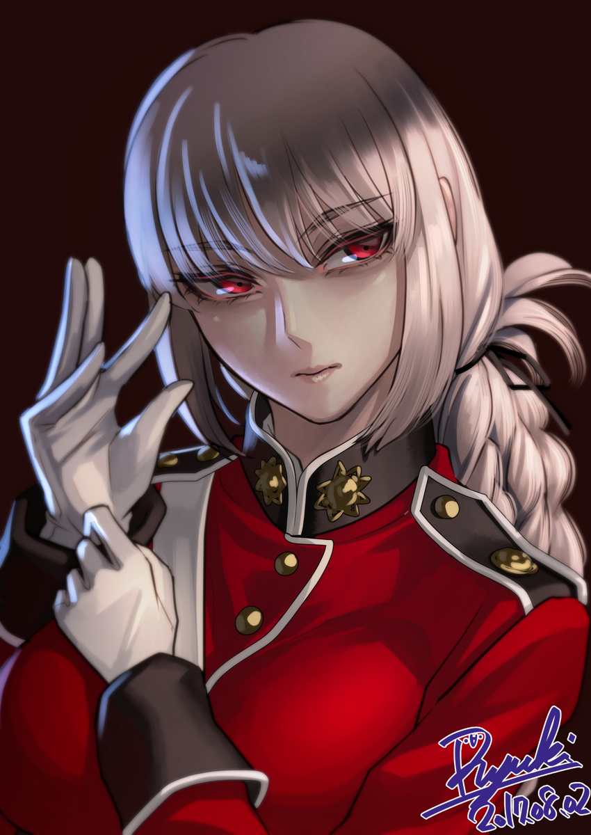 adjusting_clothes bangs braid closed_mouth dated expressionless eyebrows_visible_through_hair fate/grand_order fate_(series) florence_nightingale_(fate/grand_order) gloves grey_hair hair_ribbon highres lips long_hair long_sleeves looking_to_the_side military military_uniform pale_skin pink_eyes ribbon ryuki@maguro-ex sidelocks sideways_glance signature single_braid solo uniform upper_body white_gloves