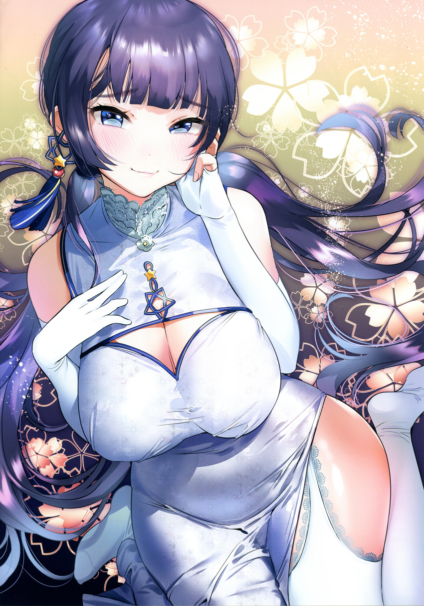 absurdres bangs black_hair blue_eyes blunt_bangs blush breasts china_dress chinese_clothes cleavage cleavage_cutout commentary_request covered_navel dress earrings elbow_gloves floating_hair floral_background gloves highres jewelry lace lace-trimmed_thighhighs large_breasts long_hair looking_at_viewer low_twintails multicolored_hair non-web_source ogino_atsuki original partly_fingerless_gloves scan sitting sleeveless sleeveless_dress smile solo thighhighs twintails two-tone_hair very_long_hair wariza white_gloves white_legwear
