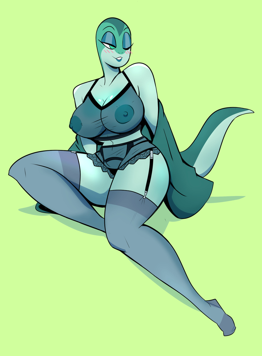 anthro big_breasts blush breasts clothing female garter_belt garter_straps green_background herny legwear lingerie lizard nipples one_eye_closed reptile rita_skopt scalie simple_background smile solo tex_avery thigh_highs translucent transparent_clothing warner_brothers wink