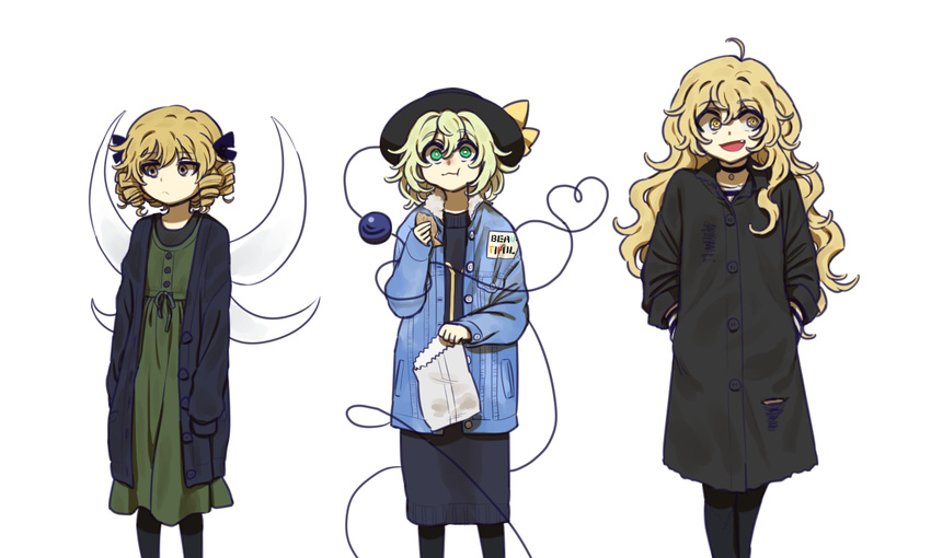 :t ahoge alien_(psr992) bag black_hat black_legwear black_ribbon black_skirt blonde_hair buttons casual choker closed_mouth coat contemporary drill_hair eating expressionless fairy_wings fang green_eyes hair_between_eyes hair_ribbon hands_in_pockets hat hat_ribbon heart heart_of_string jacket kirisame_marisa komeiji_koishi long_hair looking_at_viewer luna_child messy_hair multiple_girls open_mouth pantyhose protected_link quad_drills ribbon sideways_glance simple_background skirt sleeves_past_wrists smile third_eye touhou wavy_hair white_background wings yellow_eyes