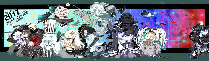 abyssal_twin_hime_(black) abyssal_twin_hime_(white) aircraft_carrier_hime aircraft_carrier_summer_hime armor black_hair blue_eyes character_request chibi coat commentary_request crown dress entombed_air_defense_guardian_hime escort_hime european_hime french_battleship_hime grey_hair hair_ornament hat hi_ye highres horn japanese_clothes kantai_collection kimono long_hair long_sleeves map multiple_girls new_year night_strait_hime_(black) night_strait_hime_(white) northern_ocean_hime northern_water_hime shinkaisei-kan short_dress short_hair short_kimono short_yukata silver_hair smile string_bikini submarine_new_hime turret very_long_hair weapon yellow_eyes yukata
