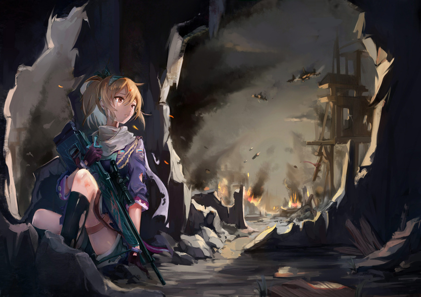 absurdres aiguillette aircraft airplane belt black_legwear blonde_hair blue_hairband blue_ribbon blue_shirt cloud cloudy_sky commentary_request cross cross_necklace crying damaged dark_talker deep_wound fighter_jet fire full_body girls_frontline gloves gun hair_between_eyes hair_ribbon hairband highres holding holding_gun holding_weapon injury jet jewelry long_hair looking_to_the_side military military_vehicle mismatched_legwear missile necklace outdoors ponytail purple_gloves red_eyes ribbon rifle ruins russian_flag scarf scope shirt shorts sidelocks sitting skirt sky sniper_rifle solo sv-98 sv-98_(girls_frontline) thigh_strap thighhighs torn_clothes weapon white_scarf