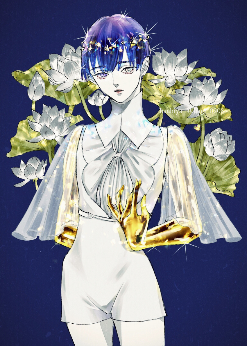 alternate_costume androgynous blue_background blue_eyes blue_hair flower golden_arms hachiya2498 heterochromia highres houseki_no_kuni looking_at_viewer lotus phosphophyllite phosphophyllite_(ll) short_hair solo sparkle spoilers white_eyes