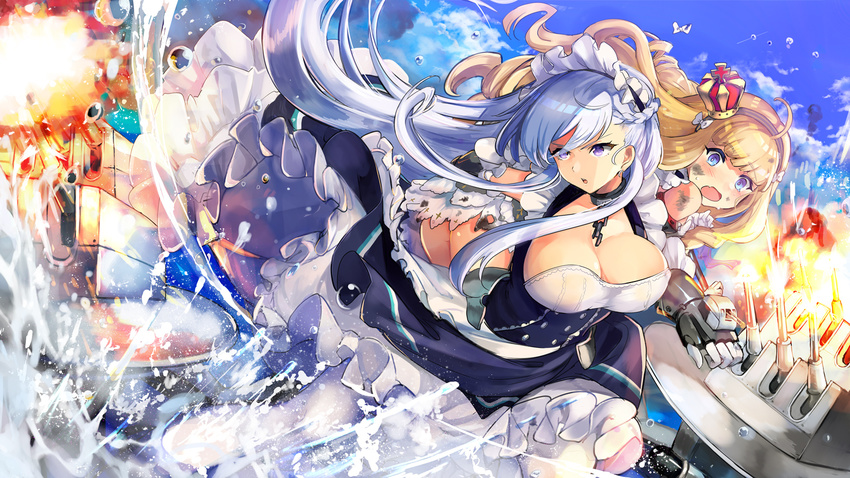 ahoge ass azur_lane bare_shoulders belfast_(azur_lane) blonde_hair blue_eyes blue_hair blush bow braid breasts carrying chain cleavage cloud collar crown curly_hair day dress fang fire floating_hair hairband highres large_breasts long_hair machinery maid_headdress mini_crown multiple_girls open_mouth outdoors purple_eyes queen_elizabeth_(azur_lane) shida_(xwheel) sky very_long_hair water water_drop white_bow