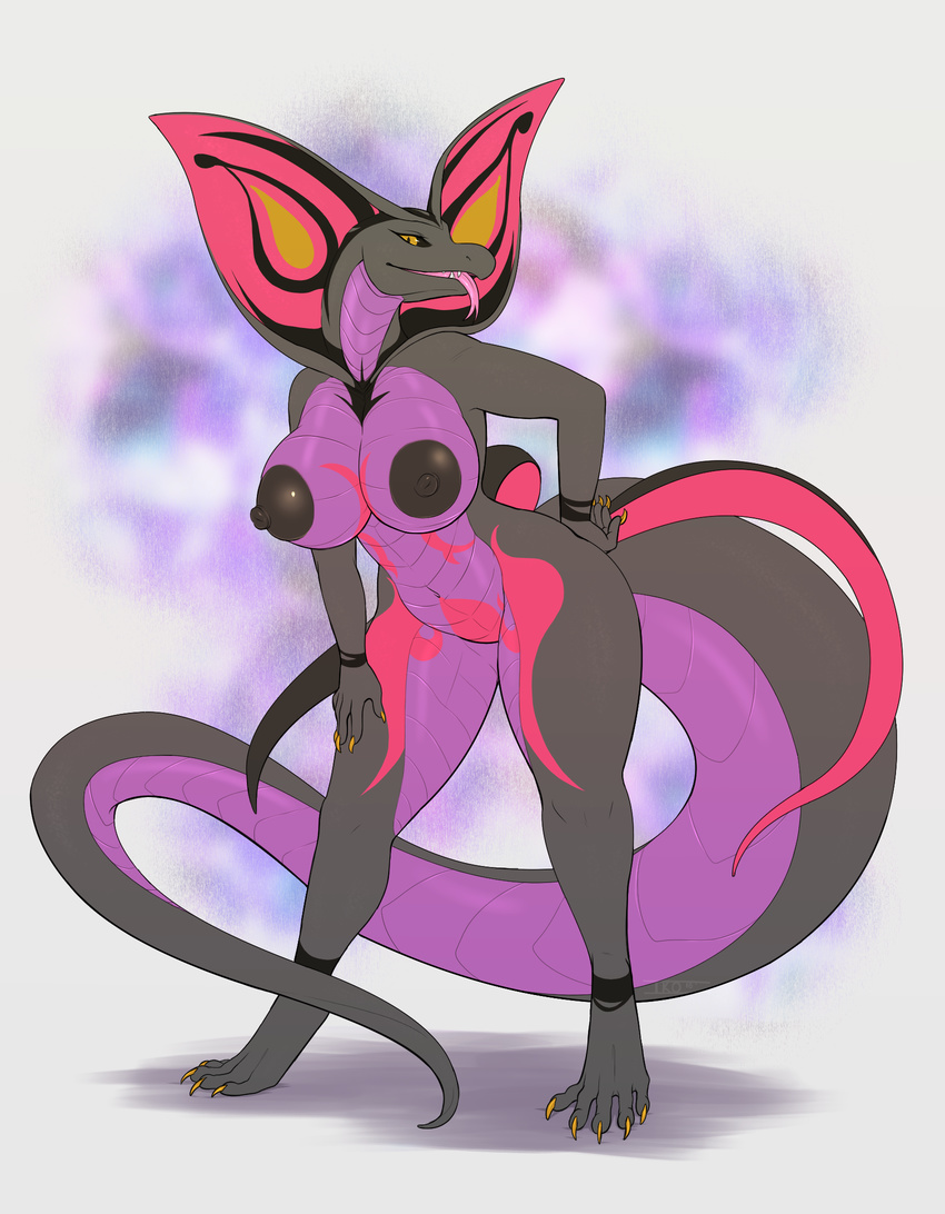 2018 5_toes abstract_background anthro arbok areola black_sclera breasts digital_media_(artwork) fak&eacute;mon female forked_tongue hi_res hybrid iko nintendo nipples pok&eacute;mon pok&eacute;mon_(species) salazzle solo toes tongue tongue_out video_games