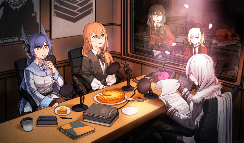1boy 5girls ahoge alternate_costume armrest bangs binder black_gloves black_legwear black_neckwear blonde_hair blue_hair blush bow breasts chair clenched_hand clock closed_mouth coat commander_(girls_frontline) commentary_request computer cup double-breasted eyebrows_visible_through_hair eyes_visible_through_hair fingerless_gloves food fork fork_in_mouth fur_trim girls_frontline glasses gloves green_eyes grey_hair hair_between_eyes hair_over_shoulder hand_on_table head_on_table headgear helianthus_(girls_frontline) highres holding holding_fork holding_paper horns kalina_(girls_frontline) laptop leotard light logo long_hair low-tied_long_hair m1903_springfield_(girls_frontline) microphone microphone_stand monocle mug multiple_girls mush necktie notebook orange_eyes orange_hair paper pen petals pie pk_(girls_frontline) plate ponytail red_coat red_eyes scarf scrunchie shadow shawl shirt sidelocks silver_hair sleeve_cuffs smile spatula studio_microphone sweatdrop swept_bangs table tar-21_(girls_frontline) tied_hair uniform very_long_hair white_leotard white_shirt wing_collar wire wooden_table