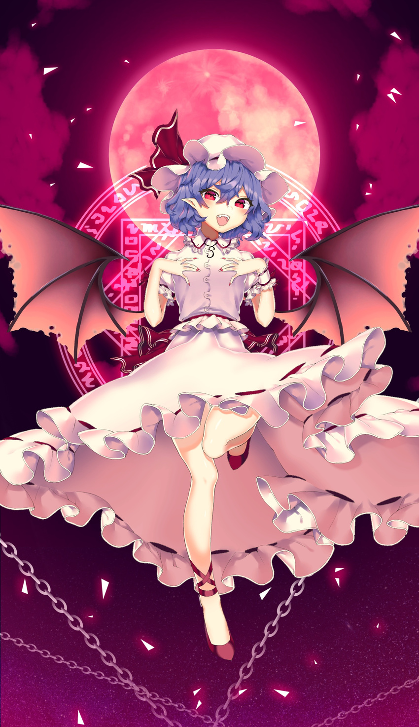 absurdres bad_id bad_pixiv_id bat_wings blue_hair chain cloud fang full_body full_moon hair_between_eyes hat hat_ribbon highres looking_at_viewer magic_circle mob_cap moon nail_polish nazuna_(aburana) open_mouth pink_skirt pink_wings pointy_ears red_eyes red_footwear red_moon red_nails red_ribbon red_sky remilia_scarlet ribbon shoes short_hair skirt skirt_set sky smile solo touhou wings wrist_cuffs
