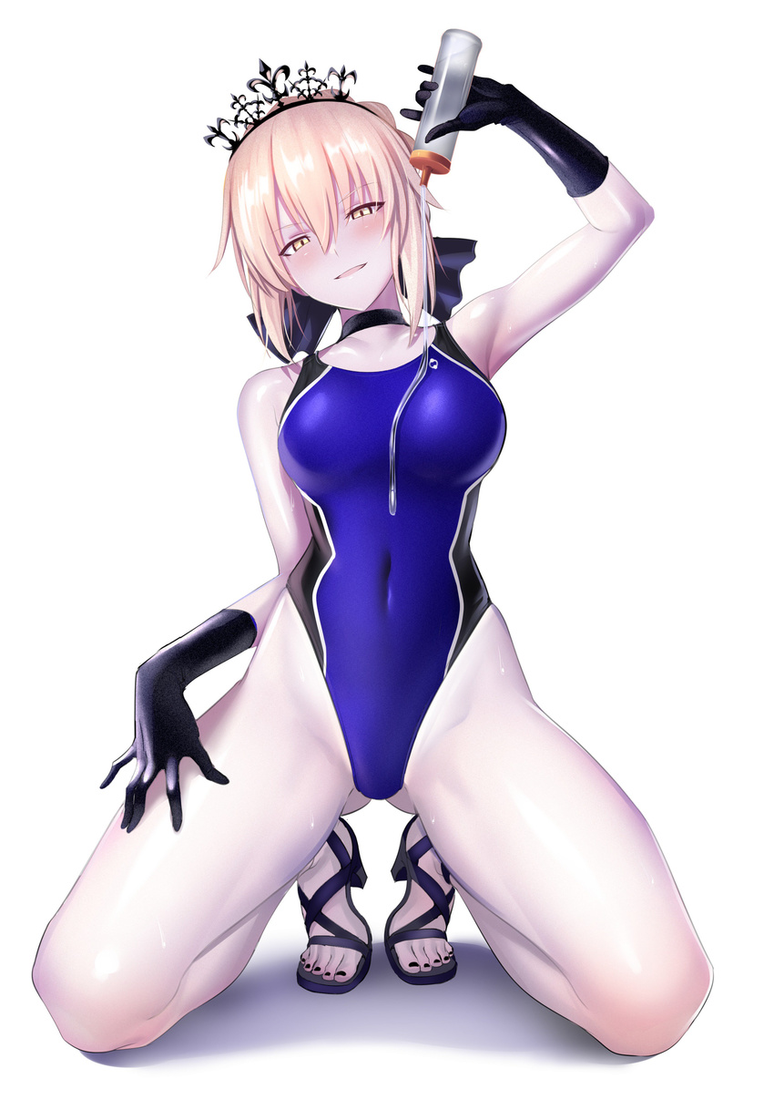 absurdres artoria_pendragon_(all) artoria_pendragon_(swimsuit_rider_alter) ass_visible_through_thighs bare_legs black_gloves black_nails blonde_hair blue_ribbon blue_swimsuit bottle breasts choker commentary_request competition_swimsuit covered_navel fate/grand_order fate_(series) full_body gloves hair_between_eyes hair_ribbon hand_up head_tilt high_heels highleg highleg_swimsuit highres holding looking_at_viewer lotion medium_breasts nail_polish one-piece_swimsuit pale_skin ribbon sandals simple_background smile solo swimsuit tiara toenail_polish ulrich_(tagaragakuin) white_background yellow_eyes