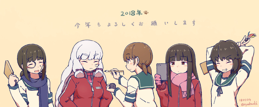 5girls arms_behind_back bangs beige_background black_hair blue_scarf blunt_bangs brown_eyes brown_hair calligraphy_brush cellphone character_name closed_eyes collared_shirt dated dress eyebrows_visible_through_hair fubuki_(kantai_collection) hagoita hair_ribbon hatsuyuki_(kantai_collection) hime_cut holding holding_brush holding_phone jacket kantai_collection long_hair long_sleeves low_ponytail low_twintails miyuki_(kantai_collection) multiple_girls murakumo_(kantai_collection) nakaaki_masashi neckerchief necktie new_year paddle paintbrush phone pink_mittens pink_scarf ponytail red_neckwear remodel_(kantai_collection) ribbon sailor_collar sailor_dress scarf school_uniform serafuku shirayuki_(kantai_collection) shirt short_eyebrows short_hair short_ponytail short_twintails sidelocks smartphone smile track_jacket translation_request tress_ribbon twintails twitter_username upper_body white_hair