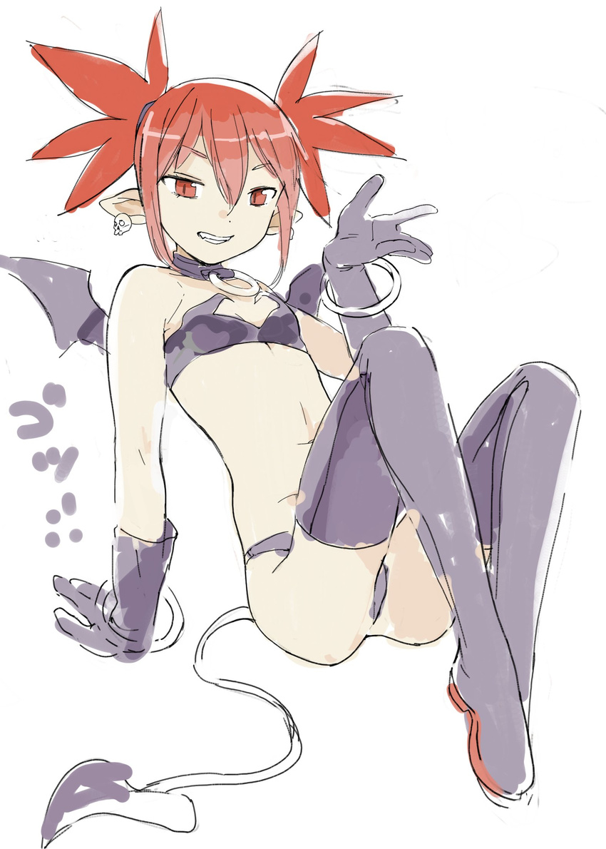 arm_behind_back arm_support bangle bangs bare_shoulders bat_wings bracelet breasts choker cleavage demon_girl demon_tail disgaea dot_nose earrings elbow_gloves etna eyebrows eyebrows_visible_through_hair fang fronttire gloves grin hair_between_eyes highres jewelry makai_senki_disgaea midriff navel o-ring pointy_ears purple_choker purple_gloves purple_legwear purple_wings red_eyes red_hair short_hair short_twintails sidelocks simple_background skull skull_earrings slit_pupils small_breasts smile solo stomach tail teeth thighhighs tsurime twintails white_background wings