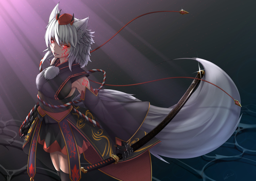animal_ears armpits bare_shoulders black_legwear black_shirt black_skirt breasts commentary_request cowboy_shot detached_sleeves hat highres holding holding_sword holding_weapon inubashiri_momiji inyuppo katana large_breasts long_sleeves looking_at_viewer medium_hair miniskirt parted_lips red_eyes sash sheath sheathed shirt skirt sleeveless sleeveless_shirt sword tail tassel thighhighs tokin_hat touhou translation_request weapon white_hair wide_sleeves wolf_ears wolf_tail zettai_ryouiki