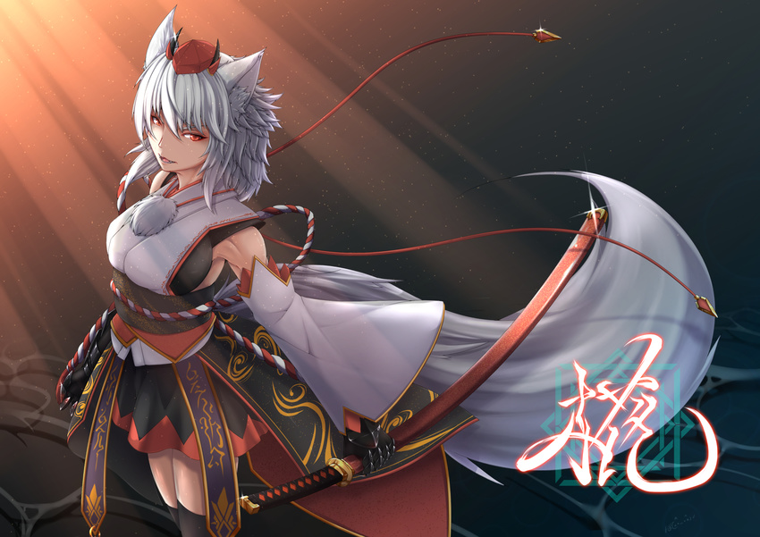 animal_ears armpits bare_shoulders black_legwear black_skirt breasts commentary_request cowboy_shot detached_sleeves hat highres holding holding_sword holding_weapon inubashiri_momiji inyuppo katana large_breasts long_sleeves looking_at_viewer medium_hair miniskirt parted_lips red_eyes revision sash sheath sheathed shirt skirt sleeveless sleeveless_shirt sword tail tassel thighhighs tokin_hat touhou translation_request weapon white_hair white_shirt wide_sleeves wolf_ears wolf_tail zettai_ryouiki