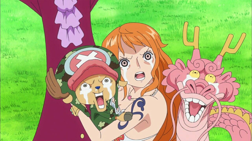 1girl 3boys age_difference bare_shoulders bikini breasts brook child dragon grass hugging long_hair momonosuke_(one_piece) multiple_boys nami_(one_piece) necklace one_piece open_mouth reindeer scared screencap tattoo tears teeth together tongue tony_tony_chopper