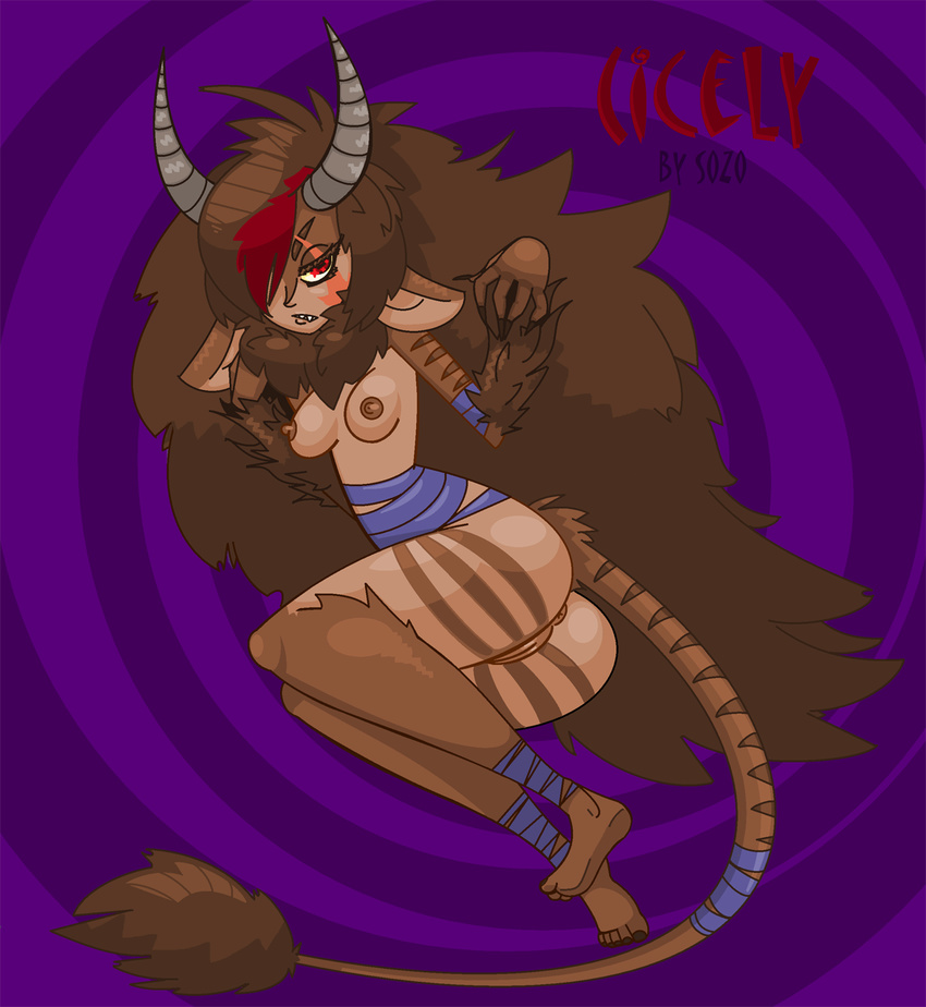 5_fingers 5_toes abstract_background ankle_wraps anus areola arm_wraps breasts brown_fur brown_hair brown_nipples brown_tail cicely demon erect_nipples female full-length_portrait fumetsusozo fur hair hair_over_eye horn looking_at_viewer lying mostly_nude nipples on_side portrait pussy red_eyes satyr soles solo striped_tail stripes tail_wraps text toes wraps
