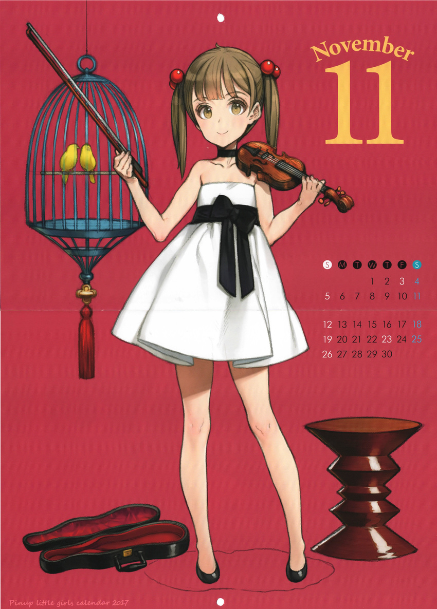 absurdres bird brown_eyes brown_hair cage calendar ooyari_ashito pigtails tagme violin