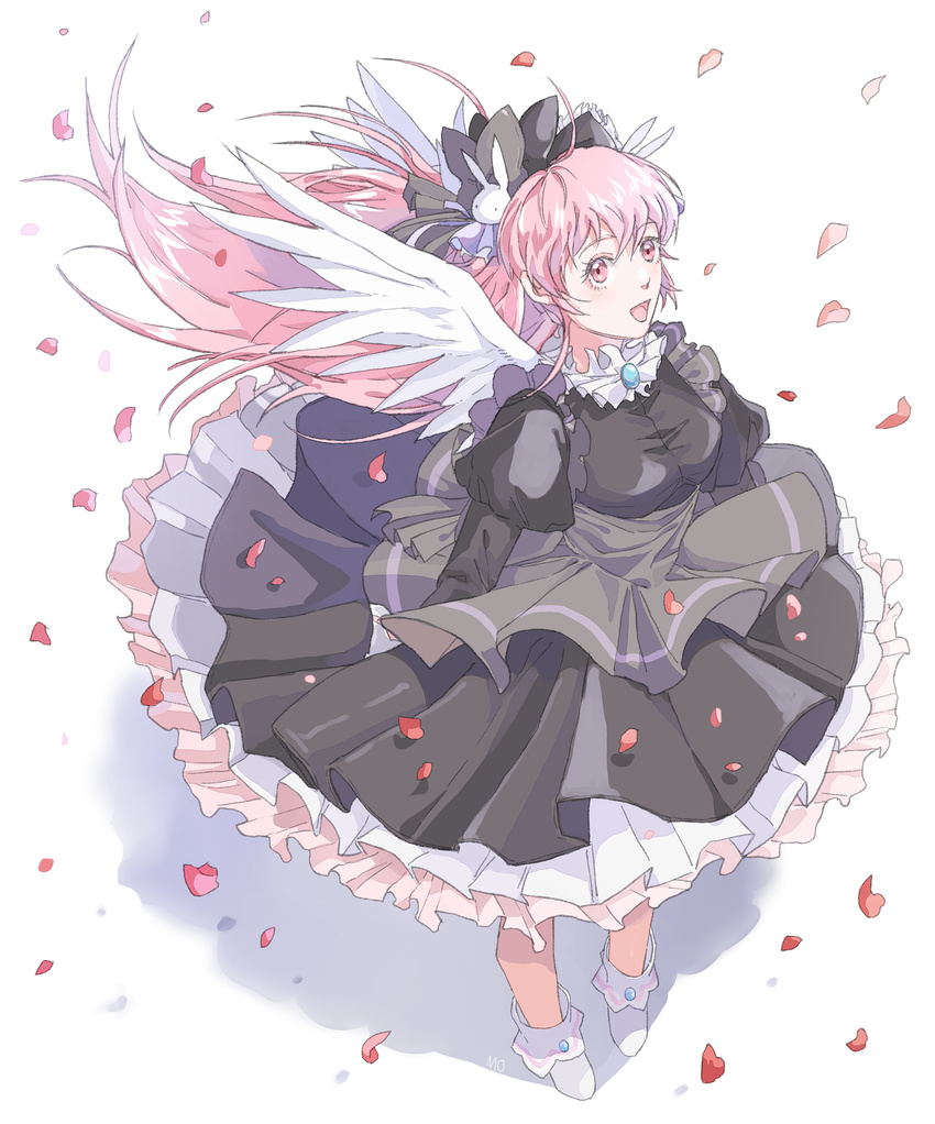 :d absurdres angel_wings black_bow black_dress bow bunny_hair_ornament chya dress floating_hair from_above full_body hair_bow hair_ornament highres long_hair long_sleeves misha_(pita_ten) open_mouth petals pink_eyes pink_hair pita_ten puffy_long_sleeves puffy_sleeves smile solo very_long_hair white_background white_footwear white_wings wind wings