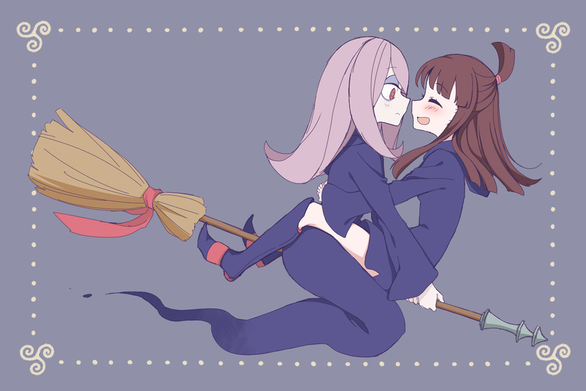 :d ^_^ blush boots broom broom_riding closed_eyes commentary face-to-face facing_another from_side half_updo hug kagari_atsuko knee_boots light_blush light_frown little_witch_academia long_hair looking_at_another multiple_girls multiple_riders open_mouth smile sou_(mgn) sucy_manbavaran yuri