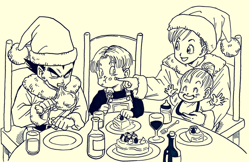 2girls arms_up baby black_eyes black_hair black_shirt bra_(dragon_ball) brother_and_sister bulma cake chair closed_eyes dragon_ball eating family father_and_son food fork frown happy hat highres lee_(dragon_garou) long_sleeves looking_at_another monochrome mother_and_son multiple_boys multiple_girls open_mouth overalls plate santa_hat serious shirt short_hair siblings sitting trunks_(dragon_ball) vegeta