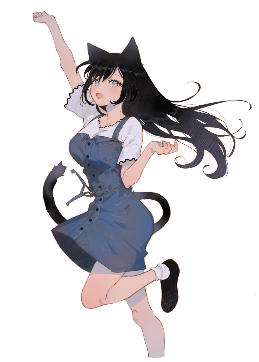 :d absurdres animal_ears arm_up arutera bangs banned_artist black_footwear black_hair blue_dress blue_eyes breasts buttons cat_ears cat_girl cat_tail collarbone commentary_request denim_dress drawstring dress eyelashes fingernails hair_between_eyes hand_up highres holding leg_up long_hair looking_at_viewer medium_breasts open_mouth original outstretched_wrists pinafore_dress shirt shoes short_sleeves simple_background sleeveless sleeveless_dress smile socks solo standing standing_on_one_leg tail white_background white_legwear white_shirt