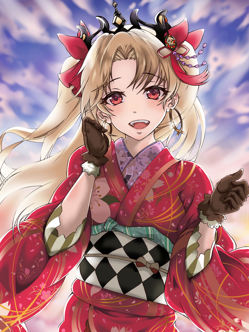:d bangs blonde_hair blush brown_gloves commentary_request earrings ereshkigal_(fate/grand_order) fate/grand_order fate_(series) floral_print gloves hair_ornament hair_ribbon highres hoop_earrings japanese_clothes jewelry kimono long_hair looking_at_viewer nengajou new_year obi open_mouth parted_bangs pon_(syugaminp) red_eyes red_ribbon ribbon sash skull sky smile solo tiara two_side_up wide_sleeves