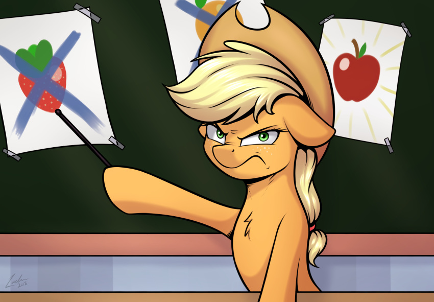 2018 angry apple applejack_(mlp) chalkboard cowboy_hat equine female food friendship_is_magic frown fruit hat horse inside lachlan765 looking_at_viewer mammal my_little_pony orange_(fruit) pony solo strawberry