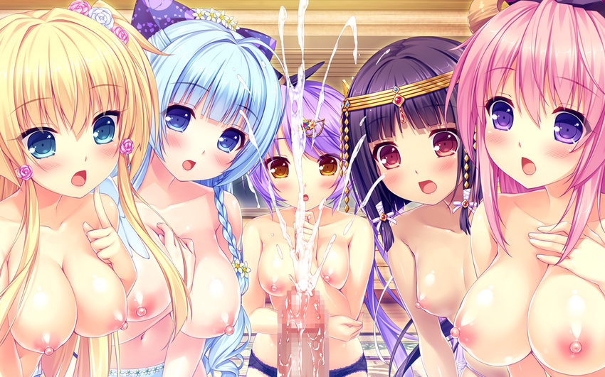 aoi_miyabi aqua_eyes arisegawa_arle ayasaki_yuu black_hair blonde_hair blue_eyes blue_hair blush boku_to_koi_suru_ponkotsu_akuma braids breasts brown_eyes censored cum fujima_emiri game_cg group headdress kiritani_riria long_hair nipples panties penis pink_hair purple_eyes purple_hair sayori short_hair smile topless underwear yellow_eyes