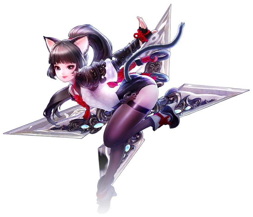 animal_ears arm_up armor artist_request ass black_eyes black_hair black_legwear black_leotard boots cat_ears cat_tail elin_(tera) fingerless_gloves full_body gloves high_heels huge_weapon leaning_forward leg_lift leotard leotard_under_clothes lips long_hair ninja o-ring official_art outstretched_arm pauldrons ponytail rope shirt shuriken smile solo standing standing_on_one_leg tail tera_online thighhighs transparent_background weapon white_shirt