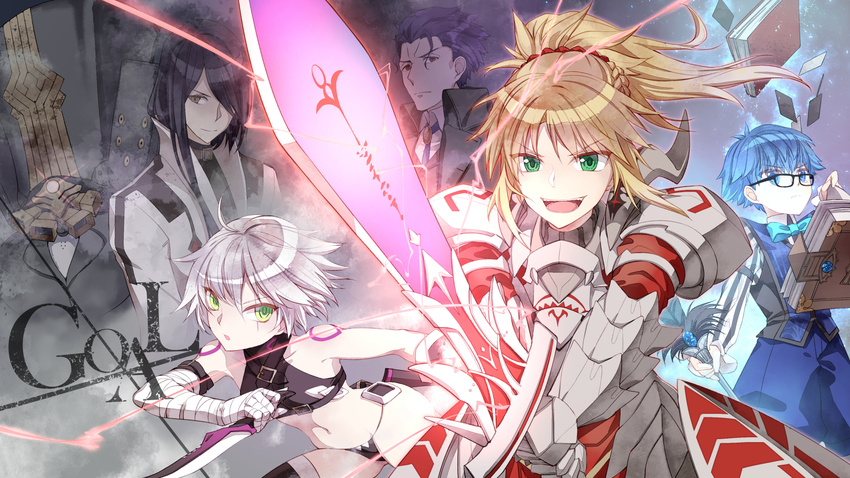 3boys arm_belt armor bandaged_arm bandages black_hair black_panties blonde_hair blue_eyes blue_hair book braid charles_babbage_(fate/grand_order) clarent dagger dual_wielding fate/grand_order fate_(series) french_braid glasses green_eyes hair_ornament hair_scrunchie hans_christian_andersen_(fate) highres holding holding_knife holding_sword holding_weapon jack_the_ripper_(fate/apocrypha) jh knife long_hair lowleg lowleg_panties matou_zouken mecha mordred_(fate) mordred_(fate)_(all) multiple_boys multiple_girls panties paracelsus_(fate) ponytail red_eyes red_scrunchie scar scar_across_eye scrunchie short_hair shoulder_tattoo sword tattoo underwear weapon white_hair yellow_eyes younger