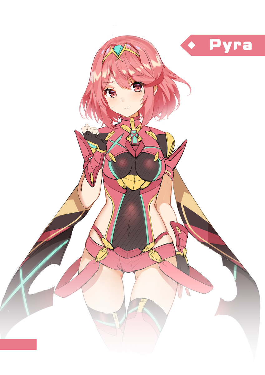 absurdres blush breasts character_name covered_navel earrings fingerless_gloves gloves hair_ornament highres homura_(xenoblade_2) jewelry large_breasts looking_at_viewer red_eyes red_hair short_hair shorts sidelocks simple_background smile solo tiara white_background xenoblade_(series) xenoblade_2 yeluno_meng