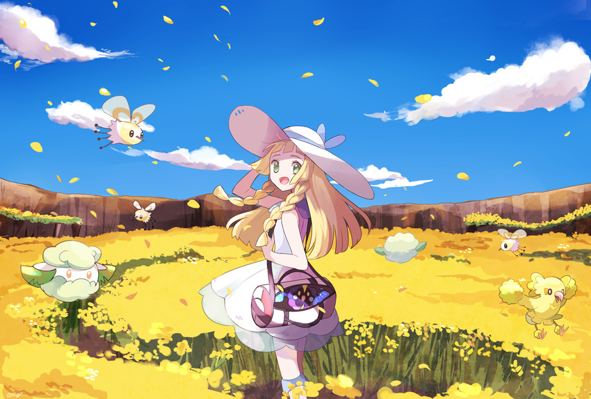 :d ahoge arm_up bag bangs bare_shoulders bird black_eyes blonde_hair blue_sky blunt_bangs boots braid bright_pupils cliff cloud cosmog cottonee cutiefly day dress duffel_bag field floating flower flower_field flying from_side gen_5_pokemon gen_7_pokemon green_eyes hat highres in_bag in_container knee_boots legendary_pokemon lillie_(pokemon) long_hair looking_at_viewer looking_to_the_side md5_mismatch mei_(maysroom) open_mouth orange_eyes oricorio outdoors petals pokemon pokemon_(creature) pokemon_(game) pokemon_sm see-through shoulder_bag sky sleeveless sleeveless_dress smile solo standing sun_hat tareme twin_braids white_dress white_footwear