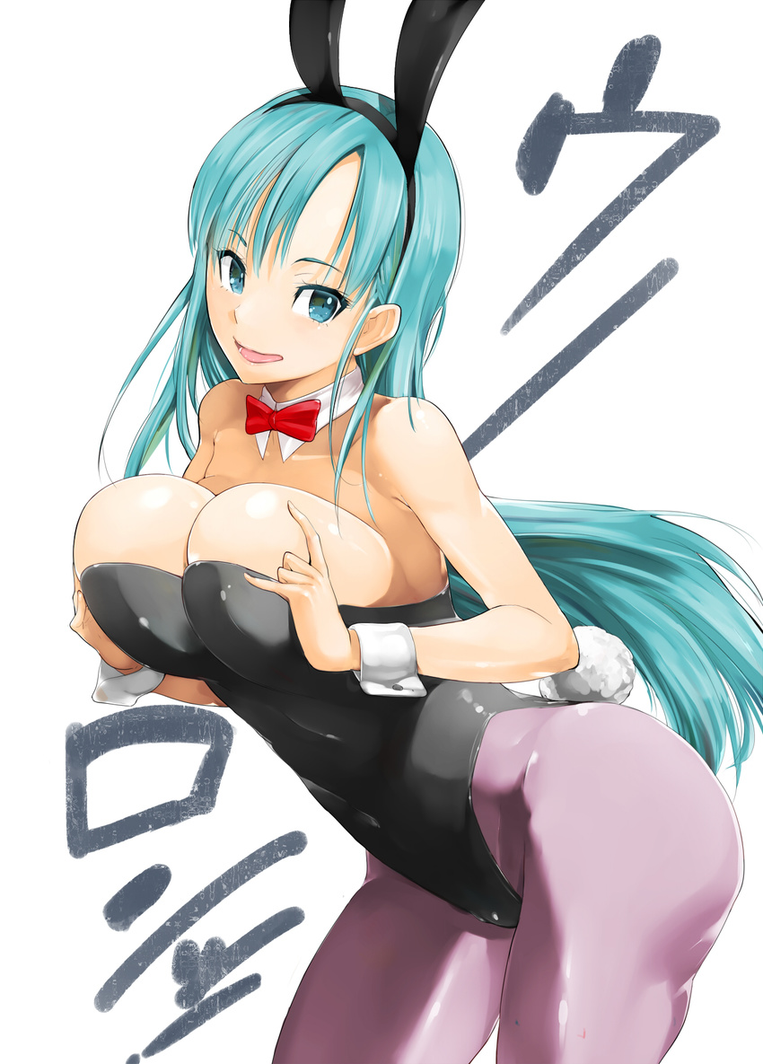 animal_ears aqua_hair bare_shoulders black_leotard bow bowtie breast_squeeze breasts bulma bunny_ears bunny_girl bunny_tail bunnysuit cleavage covered_navel cowboy_shot detached_collar dragon_ball dragon_ball_(classic) fake_animal_ears highres knucklecurve large_breasts leotard long_hair looking_at_viewer pantyhose purple_legwear red_neckwear solo strapless strapless_leotard tail white_background wrist_cuffs