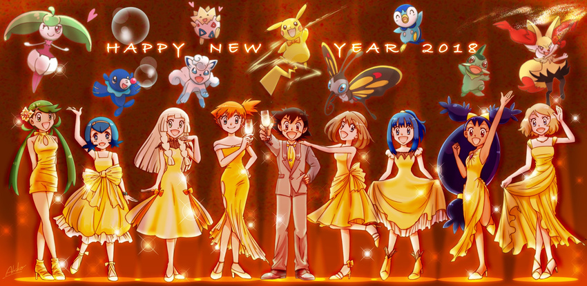 2018 6+girls :d alolan_form alolan_vulpix axew bare_shoulders beautifly black_hair blonde_hair blue_eyes blue_hair blush braid braixen brown_eyes brown_hair bubble champagne_flute commentary_request cup dark_skin dress drinking_glass flower formal gen_1_pokemon gen_2_pokemon gen_3_pokemon gen_4_pokemon gen_5_pokemon gen_6_pokemon gen_7_pokemon green_hair hair_flower hair_ornament hand_on_hip happy_new_year haruka_(pokemon) heart high_heels high_ponytail highres hikari_(pokemon) iris_(pokemon) kasumi_(pokemon) light_brown_hair lillie_(pokemon) long_dress long_hair low-tied_long_hair low_twintails mao_(pokemon) multiple_girls necktie new_year open_mouth orange_hair pikachu pikasato_akiko piplup pokemon pokemon_(anime) pokemon_(classic_anime) pokemon_(creature) pokemon_ag pokemon_bw_(anime) pokemon_dp_(anime) pokemon_sm_(anime) pokemon_xy_(anime) popplio purple_hair satoshi_(pokemon) serena_(pokemon) short_dress short_hair short_ponytail side_ponytail side_slit skirt_hold smile sparkle steenee strapless strapless_dress suiren_(pokemon) suit togepi twin_braids twintails two_side_up very_long_hair waving yellow_dress yellow_footwear