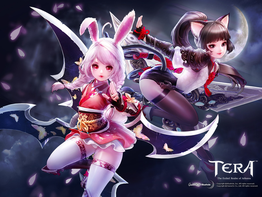 animal_ears artist_request ass black_background black_eyes black_hair black_legwear boots braid bug bunny_ears butterfly cat_ears cherry_blossoms copyright_name elin_(tera) fingerless_gloves gloves highres huge_weapon insect japanese_clothes kimono knee_boots leaning_forward leotard long_hair multiple_girls ninja official_art panties pantyshot petals pink_hair ponytail red_eyes short_kimono short_yukata shuriken smile standing standing_on_one_leg tail tera_online thighhighs twin_braids twintails underwear wallpaper weapon white_legwear white_panties wind wind_lift yukata