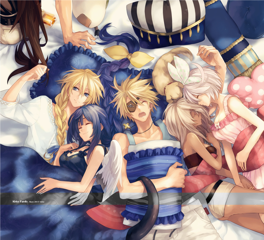 blue_hair braid breasts brown_hair commentary_request dark_skin dizzy dog dress elphelt_valentine english family father_and_son guilty_gear guilty_gear_xrd husband_and_wife ky_kiske long_hair maka_(morphine) medium_breasts mother_and_son pink_hair ponytail ramlethal_valentine short_hair siblings sin_kiske single_braid sisters sleeping smile sol_badguy