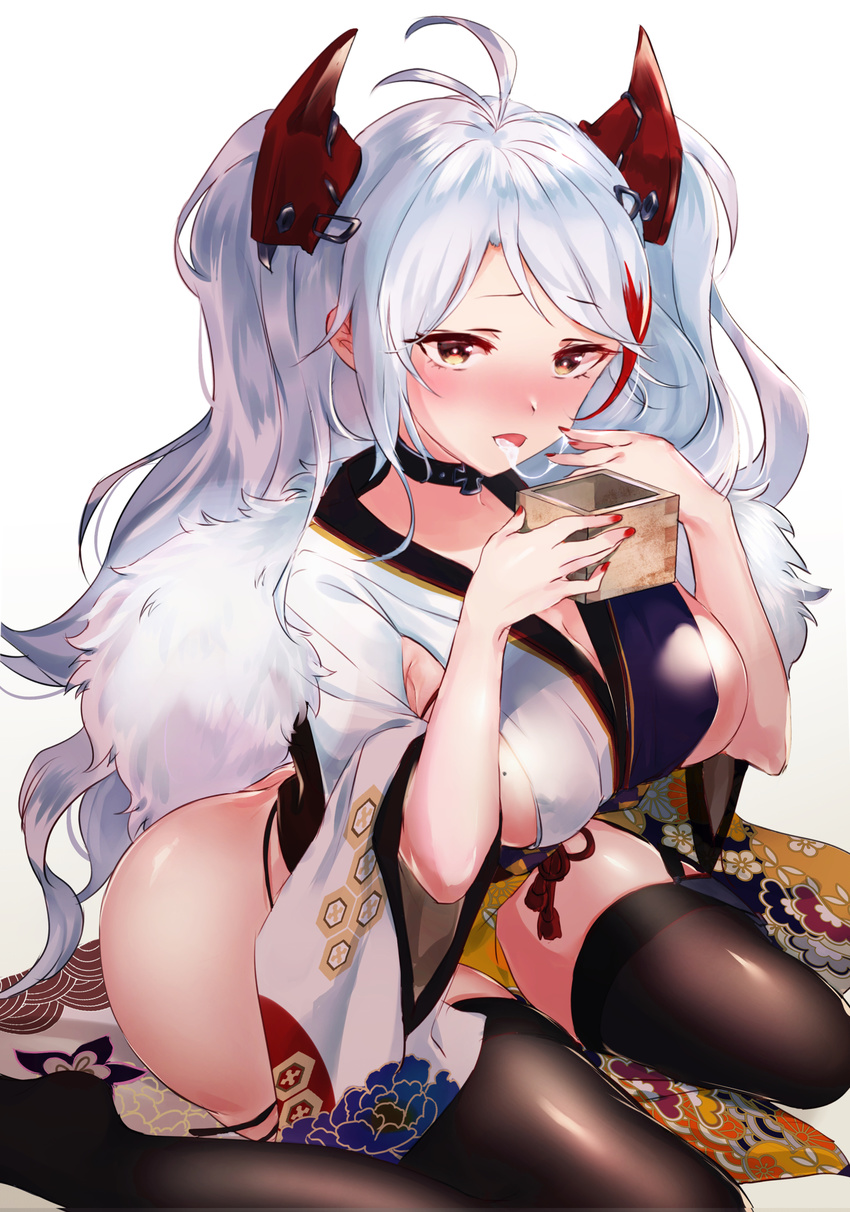 124 1girl ahoge ass azur_lane black_legwear blush breasts brown_eyes choker cum cum_eating female headgear highres japanese_clothes large_breasts long_hair long_twintails mole mole_on_breast no_panties no_pants no_shoes on_ground prinz_eugen_(azur_lane) sideboob silver_hair sitting solo thighhighs thighs twintails very_long_hair wariza