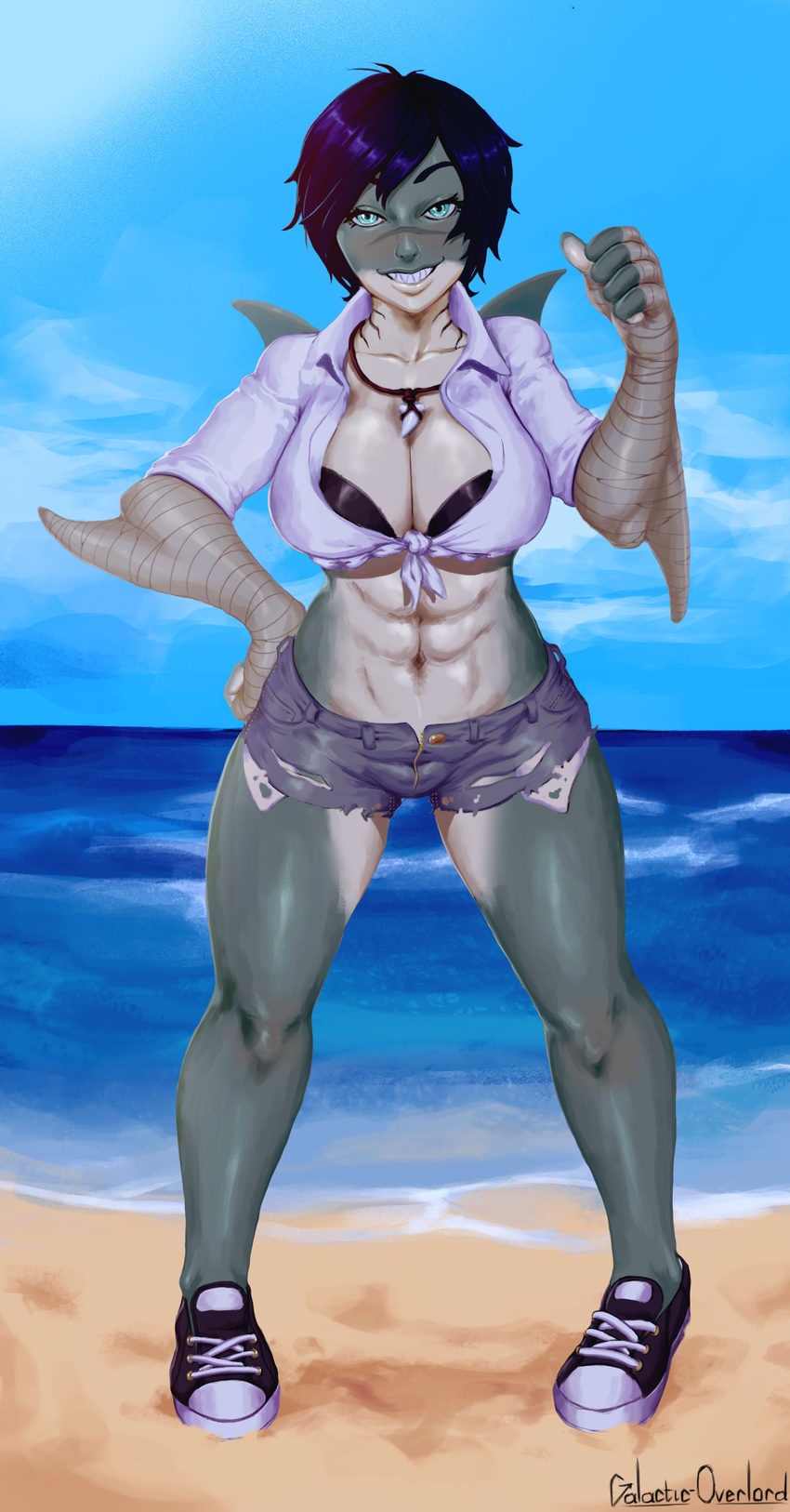 bandage beach big_breasts black_hair blue_eyes bra breasts cleavage clothed clothing female fish front-tie_top galactic_overlord gills grey_skin hair humanoid marine navel scar sea seaside shark sharp_teeth shorts sneakers solo standing teeth underwear water zhaleh