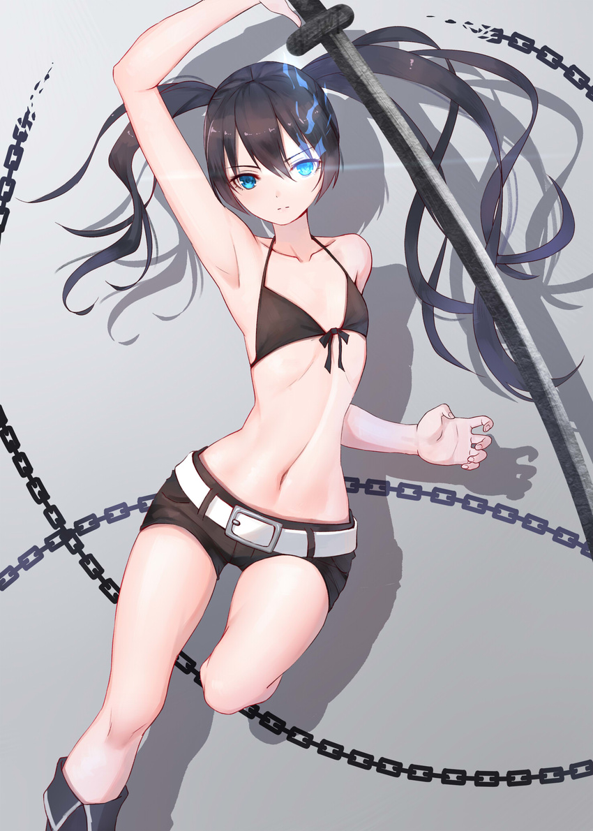 arm_up armpits bikini_top black_hair black_rock_shooter black_rock_shooter_(character) blue_eyes boots burning_eye chain flat_chest glowing glowing_eye grey_background highres katana long_hair looking_at_viewer midriff navel short_shorts shorts simple_background solo sword thigh_gap twintails uneven_twintails weapon zyl