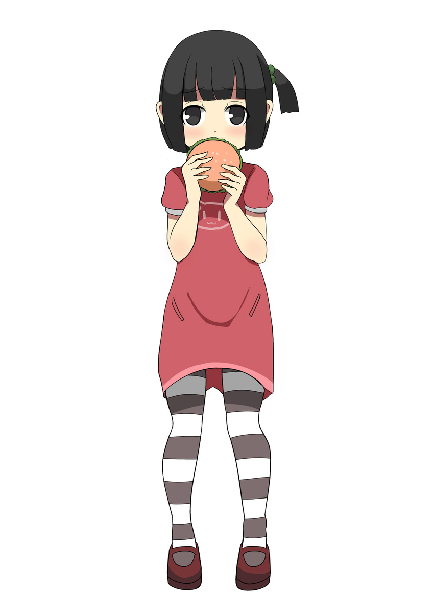 absurdres animal_print bangs black_eyes black_hair blunt_bangs cat_print dress eyebrows_visible_through_hair food hair_bobbles hair_ornament hamburger highres holding holding_food looking_at_viewer mary_janes one_side_up original pantyhose pink_dress pocket print_dress red_footwear shoes short_hair short_sleeves simple_background solo striped striped_legwear toy_box-r white_background