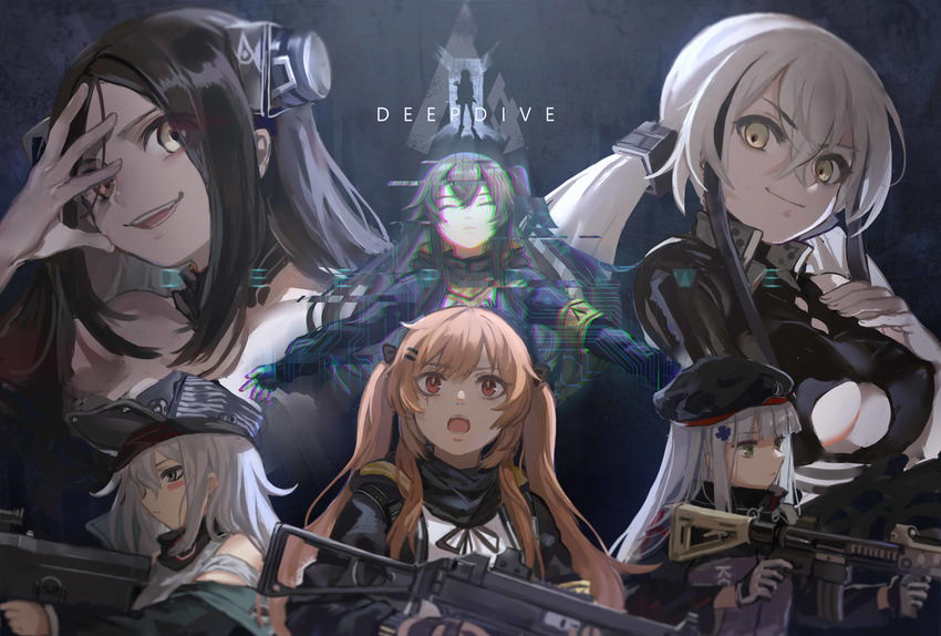 6+girls absurdres assault_rifle bangs beret black_hat blue_hair blush_stickers breasts brown_eyes closed_eyes closed_mouth dreamer_(girls_frontline) english eyebrows_visible_through_hair fingerless_gloves g11 g11_(girls_frontline) gaia_(girls_frontline) girls_frontline gloves green_eyes grey_hair gun h&amp;k_ump hair_between_eyes hand_on_own_face hat head_tilt heckler_&amp;_koch highres hk416 hk416_(girls_frontline) holding holding_gun holding_weapon large_breasts long_hair looking_at_viewer low_twintails multiple_girls one_side_up open_mouth outstretched_arms parted_bangs parted_lips profile rifle sangvis_ferri scar scar_across_eye silhouette smile submachine_gun toyo_(s9654431) twintails ump45_(girls_frontline) ump9_(girls_frontline) v-shaped_eyebrows very_long_hair weapon white_hair