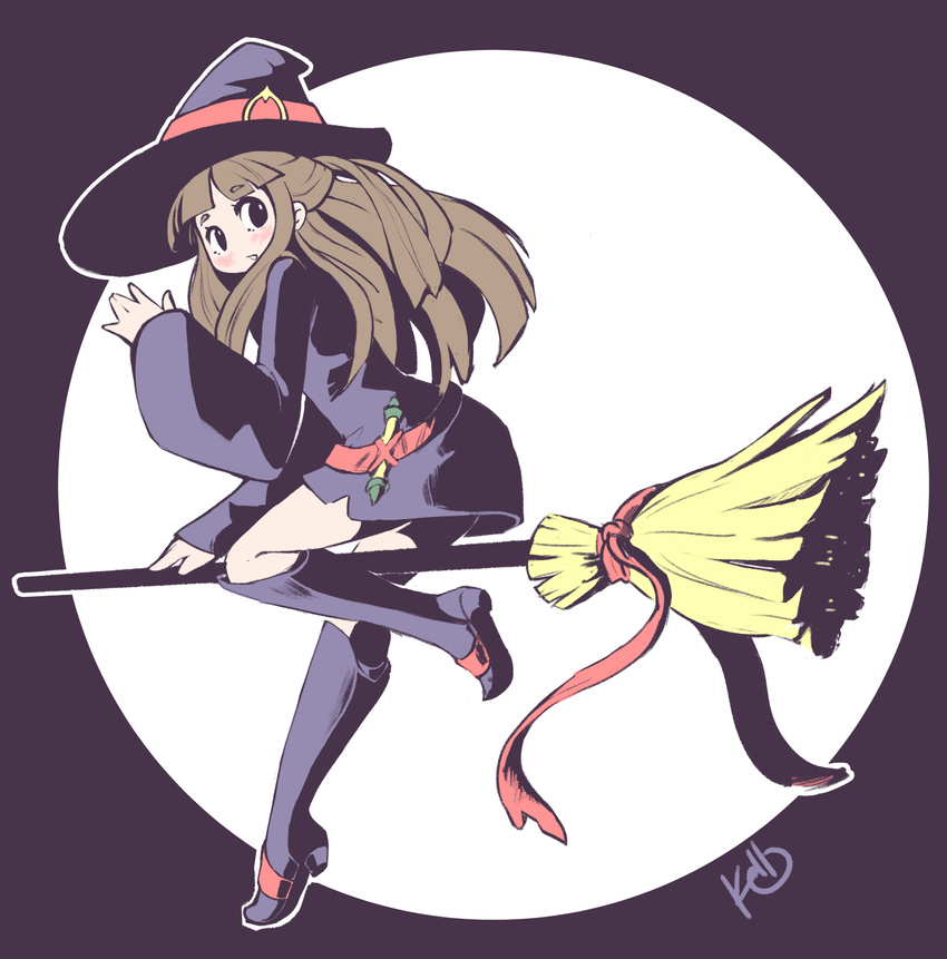 angelica_(k3lly) artist_name belt black_eyes blush boots broom broom_riding brown_hair dress from_side full_body full_moon hat highres kagari_atsuko knee_boots leg_up little_witch_academia long_hair long_sleeves looking_at_viewer looking_to_the_side luna_nova_school_uniform moon purple_background purple_dress purple_hat purple_legwear red_ribbon ribbon signature simple_background solo standing standing_on_one_leg waving witch_hat