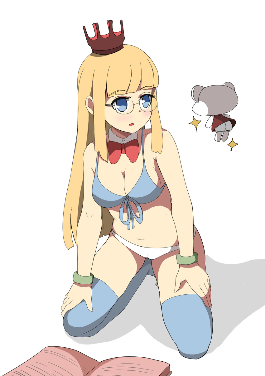 absurdres bangs bare_shoulders bikini_top blonde_hair bloomers blue_bikini_top blue_eyes blue_legwear blunt_bangs blush book bow bowtie bracelet breasts cameltoe cleavage crown detached_collar front-tie_bikini front-tie_top glasses highres jewelry kneeling large_breasts long_hair looking_at_another looking_to_the_side mini_crown navel open_book original panties parted_lips red_neckwear solo sparkle thighhighs toy_box-r underwear very_long_hair white_background white_bloomers white_collar white_panties wing_collar