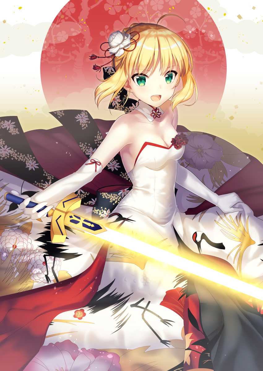 :d ahoge animal_print armpits artoria_pendragon_(all) bare_shoulders bird_print blonde_hair breasts cleavage collarbone detached_collar dress elbow_gloves excalibur eyebrows_visible_through_hair eyelashes fate/stay_night fate_(series) floral_background floral_print flower foreshortening gloves glowing glowing_sword glowing_weapon green_eyes hair_flower hair_ornament hair_ribbon highres holding holding_sword holding_weapon ichiren_namiro looking_at_viewer medium_breasts open_mouth outstretched_arm print_dress red_ribbon ribbon round_teeth saber shiny shiny_hair shirt short_hair sidelocks skirt_hold smile smoke solo strapless strapless_dress sword teeth weapon white_dress white_shirt