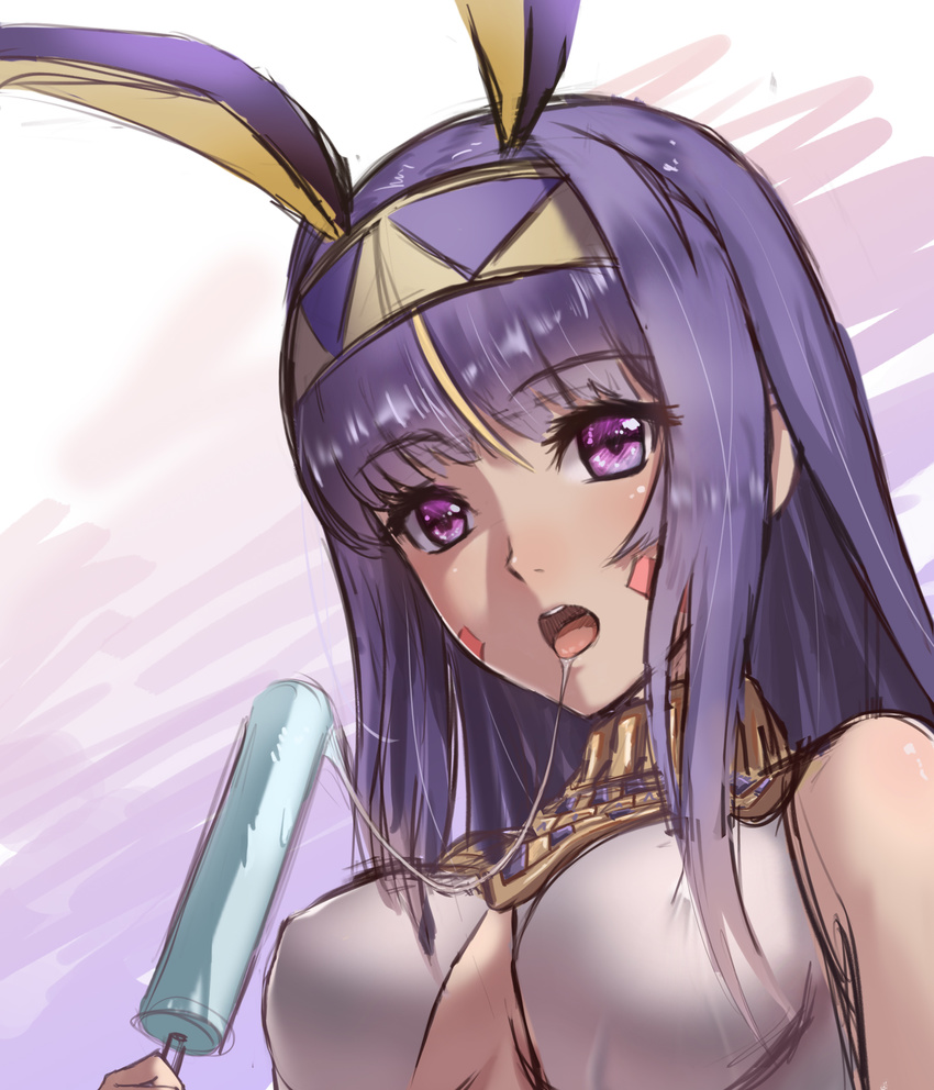 animal_ears bare_shoulders blonde_hair blush breasts bunny_ears dark_skin egyptian_clothes eyebrows_visible_through_hair eyelashes facial_mark fate/grand_order fate_(series) food gradient gradient_background hairband highres holding holding_food jewelry long_hair looking_at_viewer medium_breasts multicolored_hair neck_ring nitocris_(fate/grand_order) open_mouth popsicle purple_eyes purple_hair saliva saliva_trail sketch solo straight_hair streaked_hair ten_no_hoshi tongue tongue_out two-tone_hair two-tone_hairband underboob upper_body